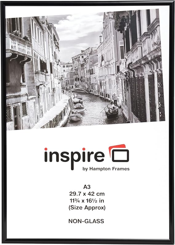 Hampton Frames | Poster Frame A3, Black, 42x30cm, Rectangular, Acrylic Front, Lightweight Plastic | Wall Mount, Landscape or Portrait, For Photos, Certificates, Posters