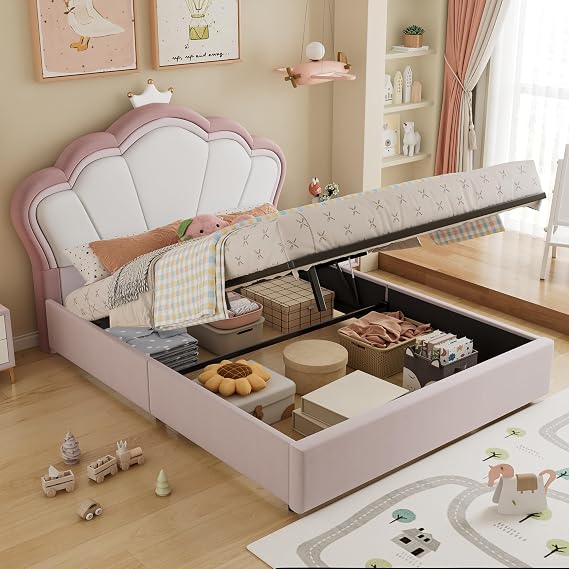 4ft6 Double Bed Frame with Hydraulic Storage, Upholstered Ottoman Bed with Wooden Slats, Princess Bed Frame with Crown Headboard for Girls, Velvet Fabric Gas Lift Up Storage Beds, No Mattress, Pink