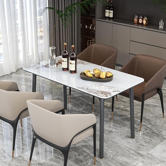 FATIVO Large Kitchen Dining Table Outdoor: Long Dining Table 160 x 80 x 78cm Rich Pattern Texture White Sintered Stone Marble Tabletop and Tempered Glass Top with Sturdy Aluminum Legs Dinner Table