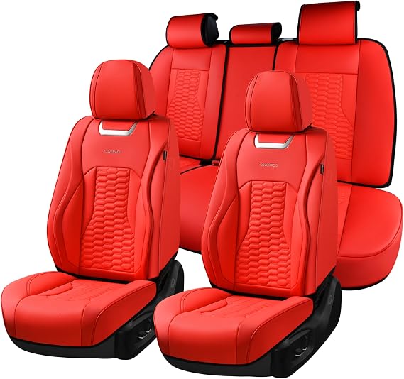 Coverado カーシートカバー フルセット ナッパレザー レッド カーシートカバー 防水 自動車シートカバー 車内アクセサリー ユニバーサルフィット ほとんどのセダン、SUV、ピックアップトラックにフィット