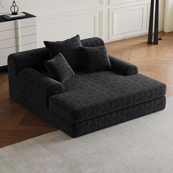 Oversized Chaise Lounge Chair Indoor, Corduroy Sofa Bed Sleeper with 3 Throw Pillows, No Assembly, Boneless Cloud Couch for Bedroom Living Room, Black