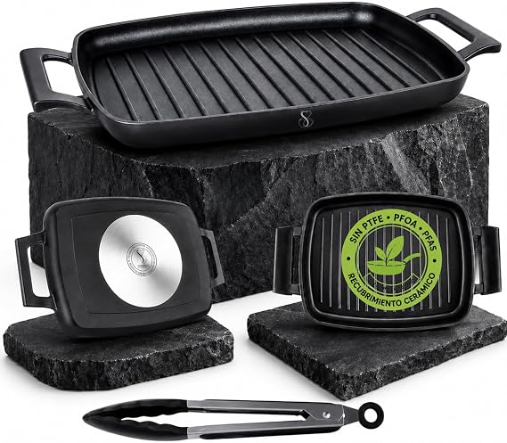 Stone&Stone Rectangular Induction Grill Plate 47 cm with Grip, Non-Stick BBQ Grill with German Ceramic Coating, Full Steel Base, Suitable for Gas and Oven, PFAS, PFOA and PTFE Free