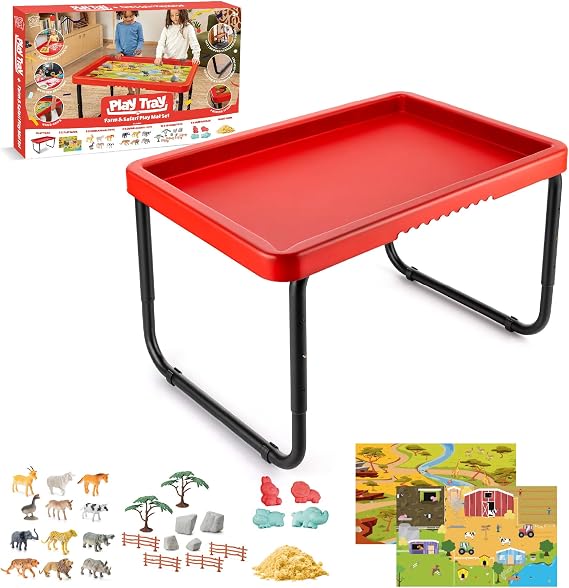 Toyrific Play Tray Activity Table with Play Mat Set, Kids Sensory Play Tray, Farm and Safari Theme Play Mat Set, Red