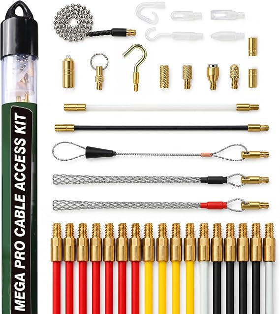 Super Pro 16M Cable Access Rod and 17pc Attachments Accessories Kit Set - 16 x 1m Rods, Electric Wire Puller, Cable Installation Access Fishing Tool, Electrical Fish Tape, Electricians Tools