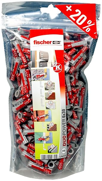 fischer DuoPower 6 x 30 im Big Pack 240 Universaldübel leistungsstarker 2-Komponenten-Dübel Kunststoffdübel zur Befestigung in Beton Ziegeln Stein Gipsbauplatten uvm. ohne Schrauben