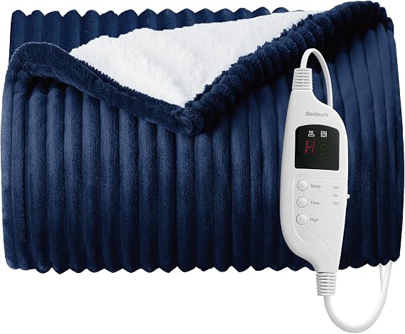 Bedsure Heated Throw Blanket - Soft Ribbed Flannel Electric Blanket with 10 Timer & 6 Heat Settings, and 8-Hour Auto Shut Off (130x160cm, Navy Blue)