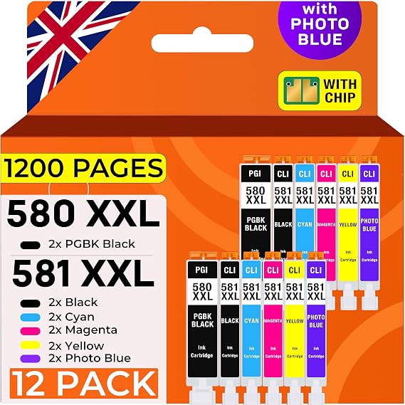 Supply Guy 580XXL 581XXL printer cartridges compatible with Canon PGI-580 CLI-581 for Pixma TS8350 Series, TS8350a, TS8100 Series, TS8200 Series Multipack 12 cartridges 580 581 XXL