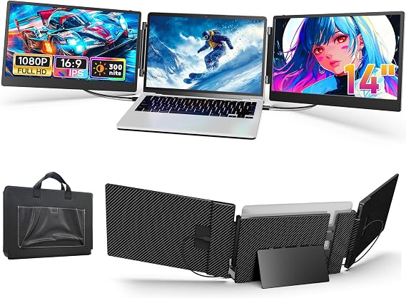 14" Laptop Screen Extender, Triple Screen Monitor Extender,1080P FHD IPS Laptop Portable Monitor for Laptops 13-16.5" Laptops, Work with Mac, Windows, Chrome, Dex, Chrome