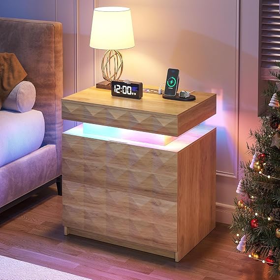 Smart Bedside Table with Charging Station, 3 Drawers Hidden Lockable Storage, Human Sensor RGB Lights, Geometric Diamond Texture Wooden Nightstand for Bedroom