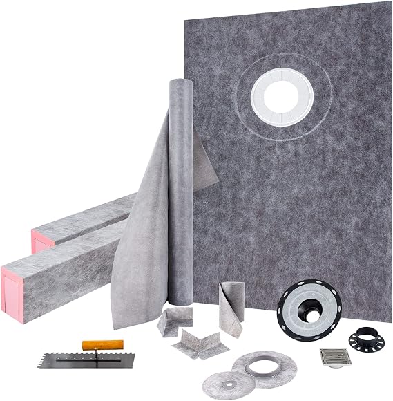 VEVOR Shower Curb Kit 38" x 60" Watertight Shower Curb Overlay with 4" PVC Offset Bonding Flange, 4" Stainless Steel Grate, 2 Cuttable Shower Curb and Trowel, Shower Pan Slope Sticks Fit for Bathroom