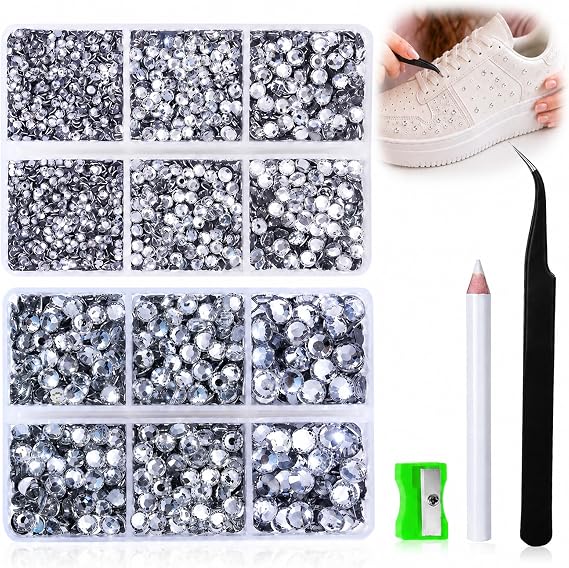 6530Pcs Resin Flatback Rhinestones White Silver-Backed 2-6mm Bedazzling Kit