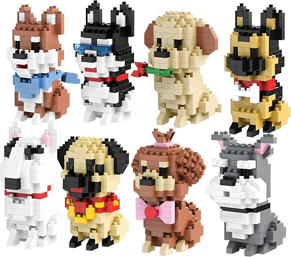 8 Pack Cute Dog Building Blocks Set, 1393 PCS Animal Mini brick Model Toys