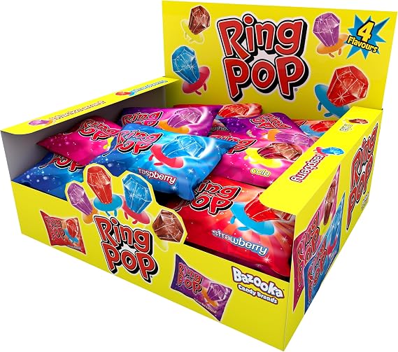 Bazooka Ring Pop Lollipops (Pack of 24 Lollipop Sweets Bulk) Wearable Lollies, Fun Sweets for Party Bags, 5 Tasty Flavours - Halal Candy