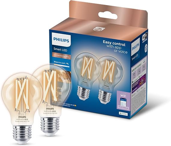 Philips Smart Lighting, LED Filament A60 Light Bulb, E27 Base, 2 Pack [Energy Class E]