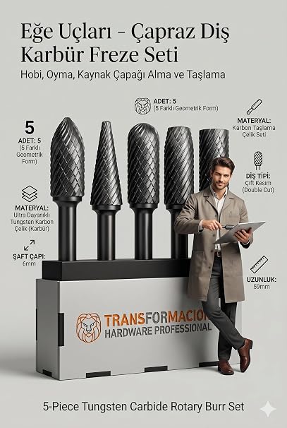 Transformacion Profesyonel 5'li Tungsten Karbür Freze Ucu Seti - Metal, Ahşap, Plastik İşleme İçin 6mm Şaftlı Çift Kesim Rotary Burr Eğe Raspalama Matkap Uçları 722468