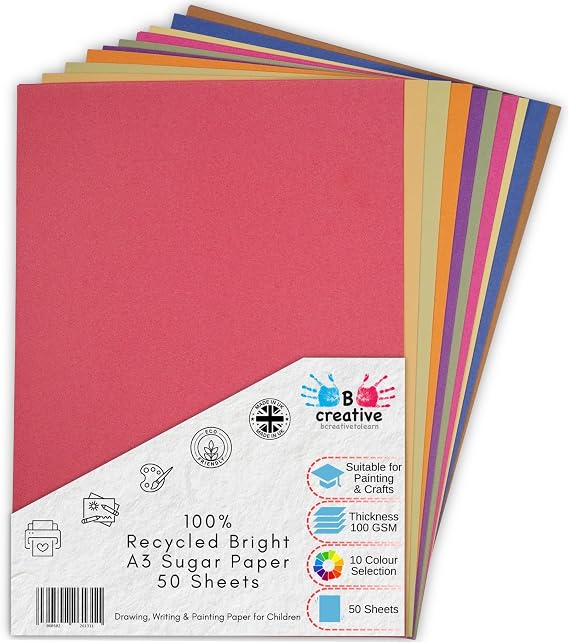 Be Creative A3 Recycled Sugar Paper 42 x 29.7 cm 100gsm – 50 Sheets in 10 Assorted Bright Colours for Arts, Crafts, Drawing & Scrapbooking