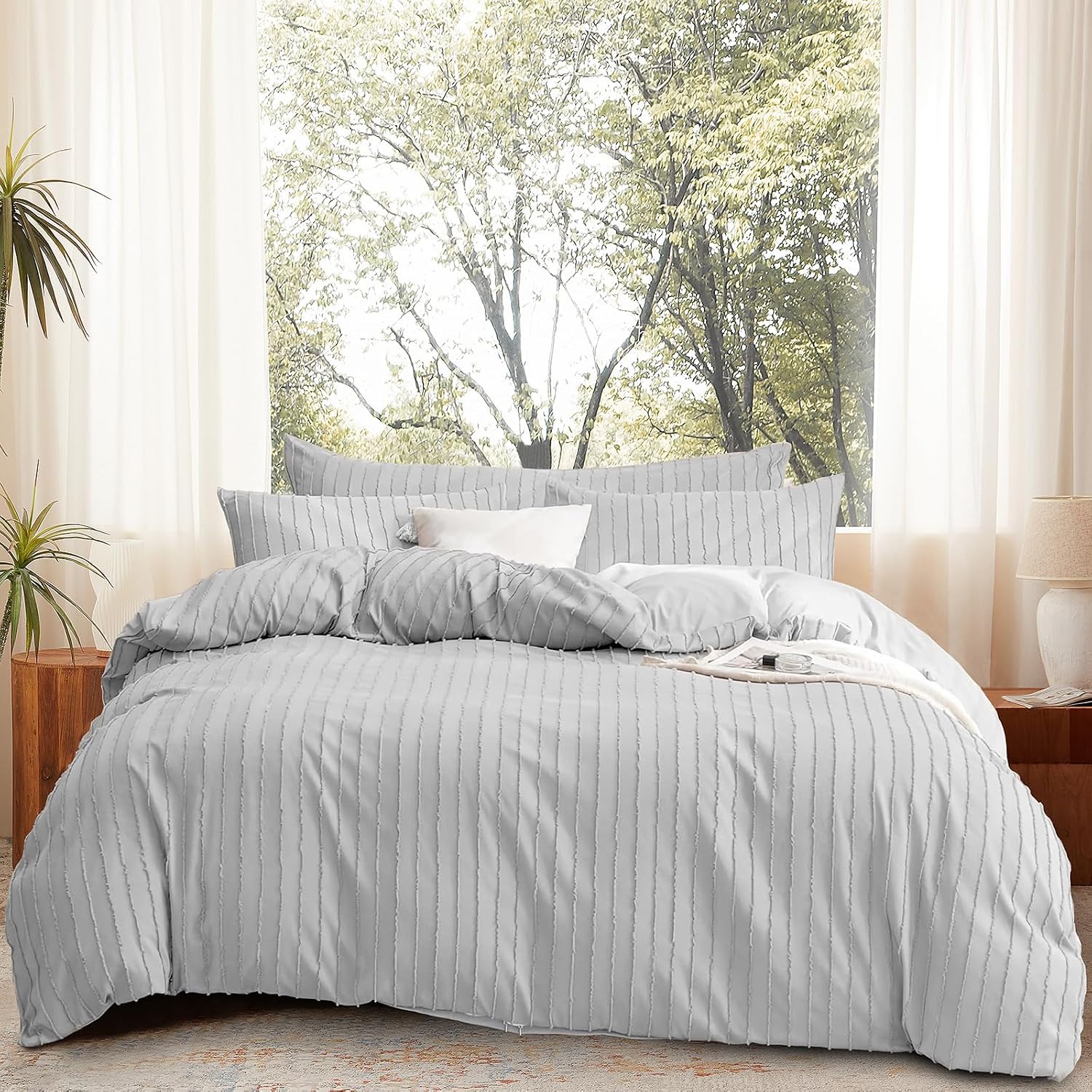 DJY Light Grey Boho Duvet Cover Set Double Size 3PCS-Striped Plain Tufted Bedding Set, Soft and Lightweight Bed Cover with Zipper Closure (Double, 200x200cm)