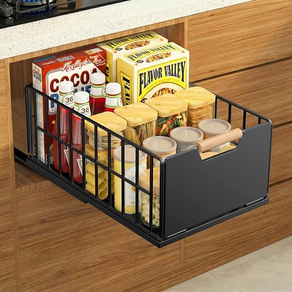 Pull Out Kitchen Drawers, Telescopic Drawer Workshop Organizer with Drawer Runners and Wooden Handle, Metal Pull Out Drawer for Kitchen Cabinets - 40L x 25W x 18H CM