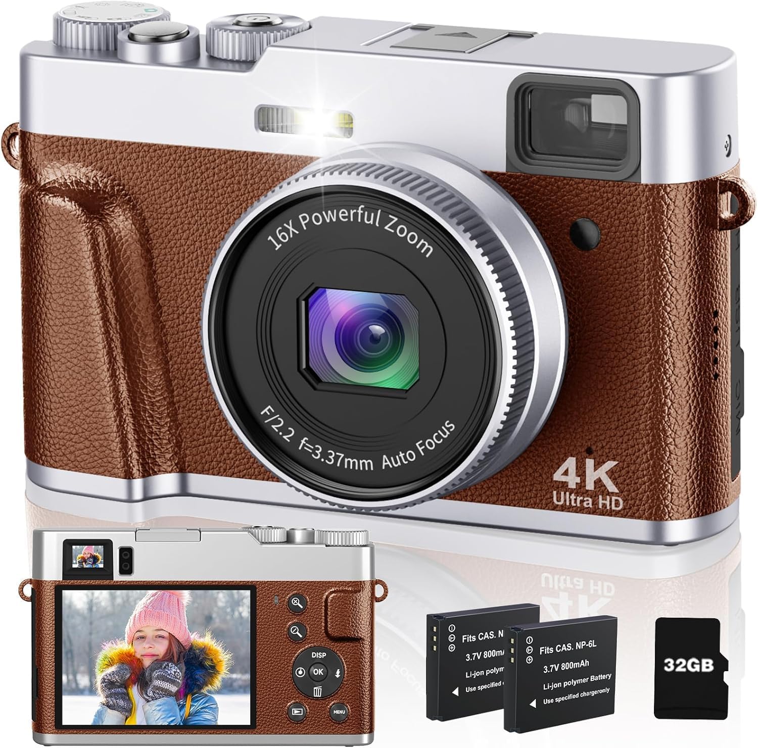 Digital Camera 4 K Camera 48 MP Anti-Shake Vlogging Photo Camera with 32GB Card 2 x 800 mAh Batteries 16 x Digital Zoom 4 K Compact Camera for Beginners