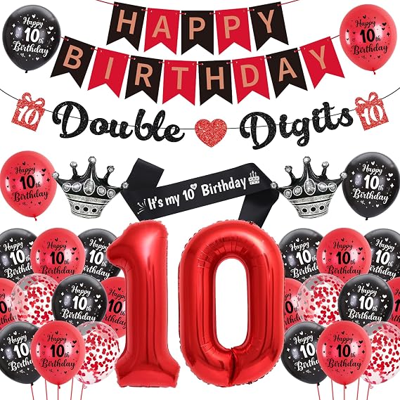 10th Birthday Decorations for Boys Girls - Red Black Happy Birthday Double Digits Banner Garland, Crown Number 10 Foil Balloons and Sash for 10 Years Old Children Party Supplies