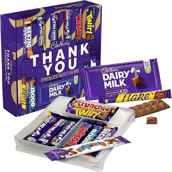 Cadbury "Thank You" Double Layered Chocolate Selection Box. Includes 11 Full-Sized Bars; Dairy Milk, Flake, Cruchie, Twirl, Double Decker and more!