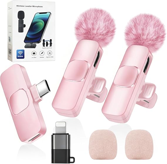 Dual Mics Wireless Mini Lapel Microphone - 2-in-1 Noise Canceling Clip-on Mic for iPhone iPad (15 and Above) Android, Suitable for Vlogging Podcast YouTube TikTok Video (Pink)