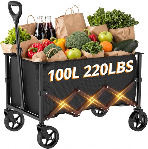 RYGEO Festival Trolley Foldable Utility Wagon Cart with Wheels and Telescopic Handle for Gardening, Camping, Shopping and Outdoor Sport