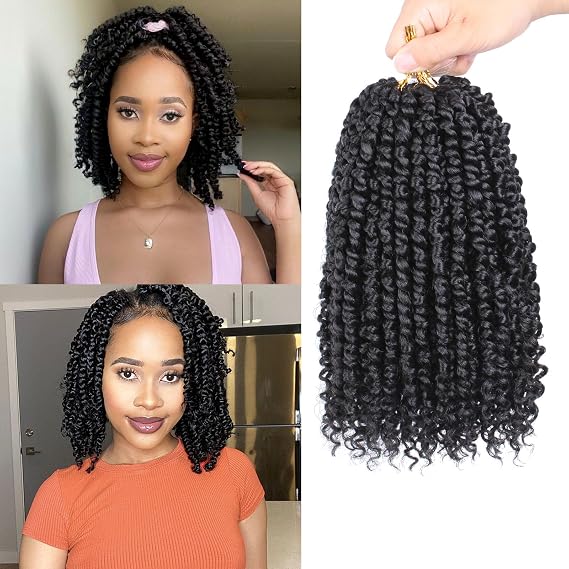 Pre-twisted Passion Twist Crochet Hair 8 Inch Prelooped Passion Twist Hair 8 Packs Short Water Wave Crochet Braids Black Curly Bohemian Synthetic Braiding Hair Extensions for Women (#1B)