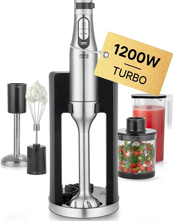 Lebenslang Premium 1200 W Hand Blender Set – Includes 5x Accessories and Splash Guard Stufenlos verstellbar & Turbo I Elektrische Hand Blender Pürierstab Edelstahl Zauberstab Mixer Mixstab Purierstabmixer Stab