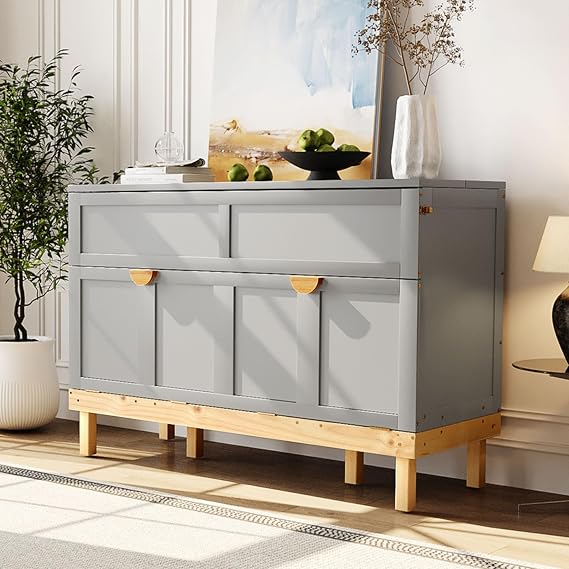 Queen Size Murphy Bed - Solid Wood Folding Platform Bed with Sturdy Slat Support Farmhouse Design Murphy Chest for Guest Room & Home Office - Gray Finish
