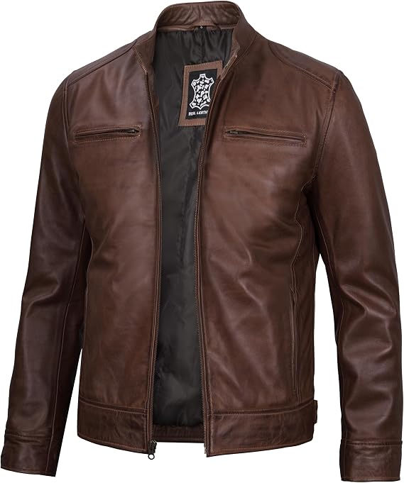 fjackets Mens Leather Jacket - Real Lambskin Cafe Racer Jacket Stand Collar Moto Biker Zip Jacket For Men