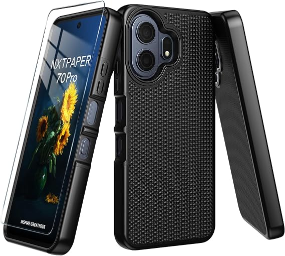 TCL NXTPAPER 70 Pro用携帯電話ケース、強化ガラススクリーンプロテクター付き、2層高耐久耐衝撃保護ブラック