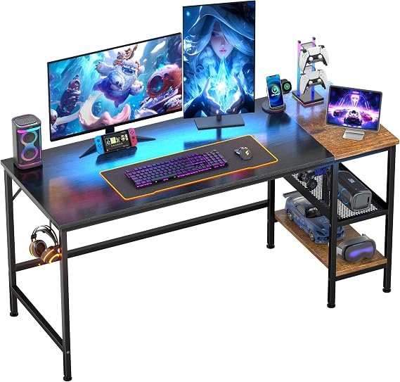 HOMIDEC Gaming Desk, 140 cm Computer Desk, Office Desk with Storage Shelves