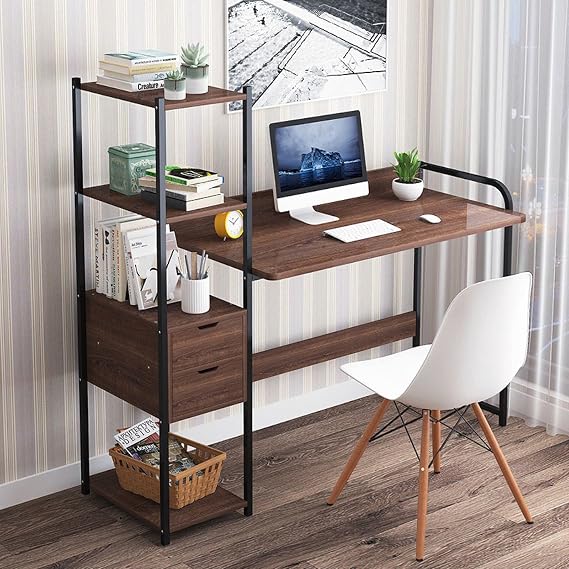Computer Desk 48" with Drawer & Storage Shelves, Modern Style Writing Study Workstation PC Desk Workstation for Home Office, Oak
