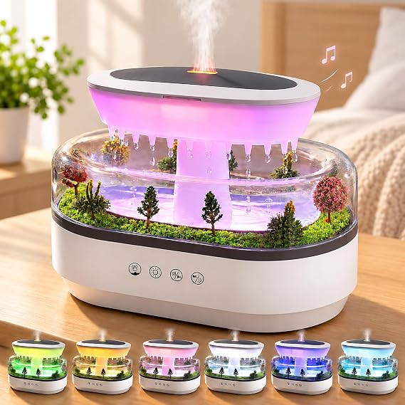 Raindrop Humidifier Diffuser, 250ml Raindrop Aroma Diffuser, LED Mood Light, Auto Off, Micro Landscape Natural Raindrop Cool Mist Humidifier for Bedroom/Yoga/Meditation, White (DC 24V)