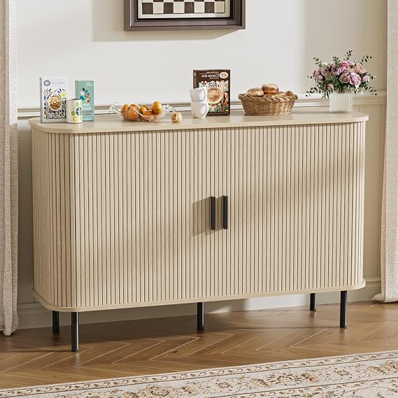 BonVache Sideboard Cabinet, Tambour Sliding Door Buffet Storage Unit, Beige