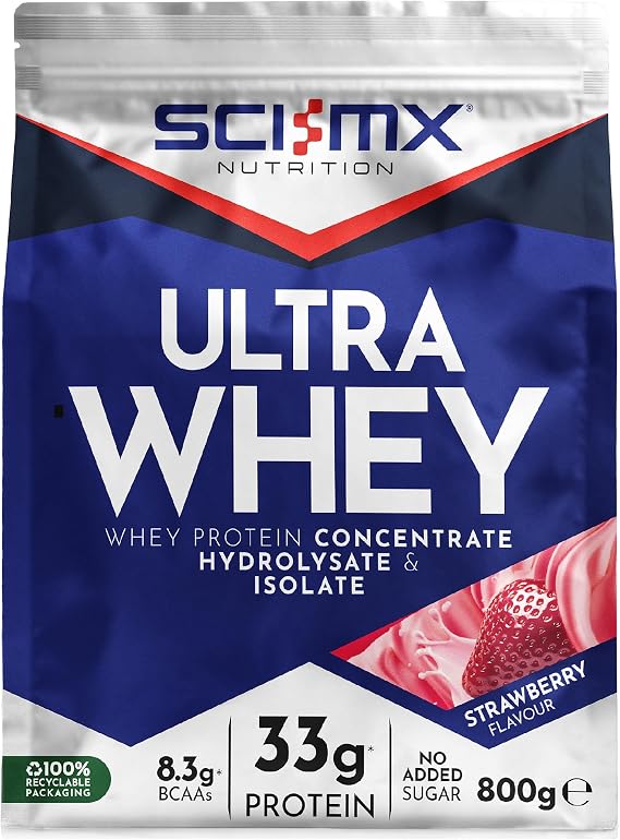 SCI-MX Ultra Whey Protein Muscle Building & Recovery Protein Powder With Naturally Occurring Glutamine & Amino Acids - Strawberry Flavour - 800G - 18 SERVINGS