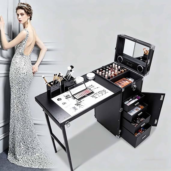 Foldable Manicure Table, Lockable Train Case, Manicure Dressing Table with Wheels & Mirror, Cosmetology Travel Case Workstation Artist for Salon, Makeup, Tattoo(Black)