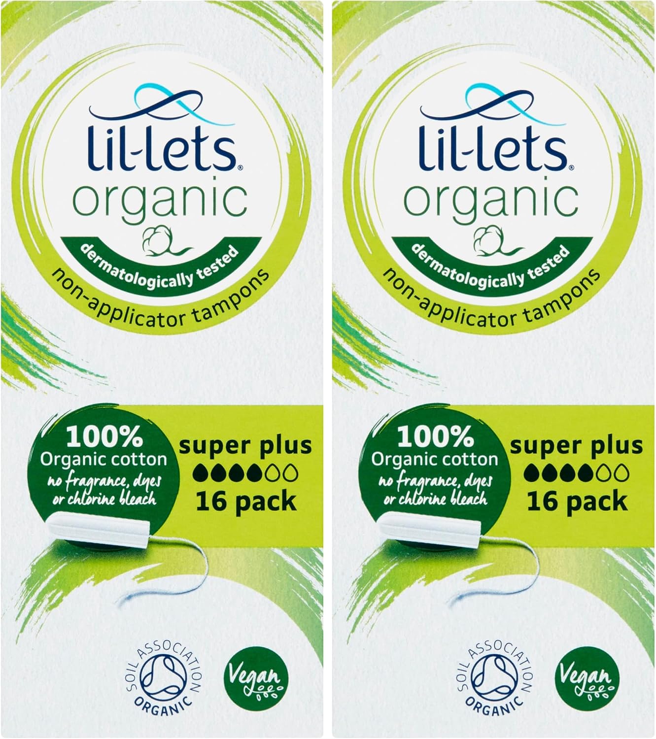 Lil-Lets Organic Non-Applicator Super Plus Tampons, 16 Count Pack of 2, for Heavy Flow, Made with 100% Organic Cotton, GOTS Certified Vegan Organic Tampons, Plastic Free Period Care