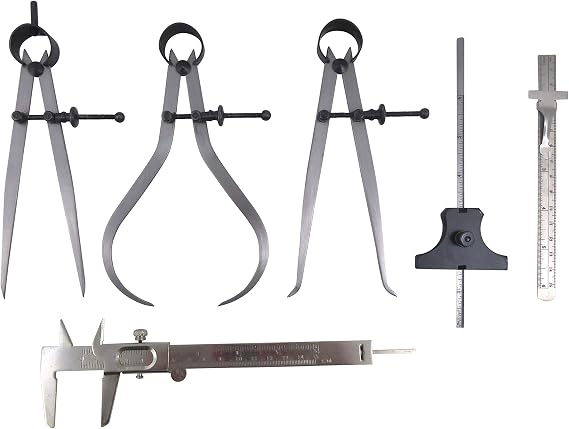 Taytools 6 Piece Measuring Set/Kit with 6" Spring Dividers, Inside & Outside Calipers, Depth Gauge, Pocket Ruler, Vernier Caliper 113500