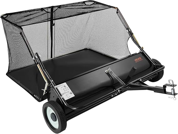 VEVOR Tow Behind Lawn Sweeper, 48 in Pull Behind Yard Sweeper, 26 cu. ft Hopper Bag Capacity, Leaf & Grass Collector with Dumping Rope, Adjustable Sweeping Height, Garden Sweepers for Lawn Farm
