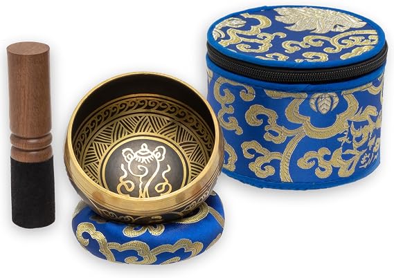 Wish Well 4" Tibetan Singing Bowl Set with Case, Crafted in Nepal, Blue