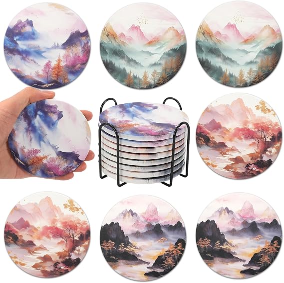 8 Pack Ceramic Coasters with Metal Holder, Absorbent Stone and Cork Coasters for Drinks, Table Protector, Bar Coasters with 4 Patterns for Coffee Table, Lounge, Home Decor