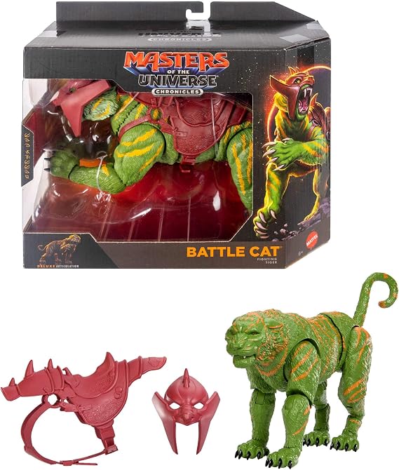 2026 yapımı filmden uyarlanmış Masters of the Universe Chronicles 1:12 ölçekli Battle Cat aksiyon figürü, cam gözler ve eklemli çene, eyerli ve zırhlı kaplan, JKJ32