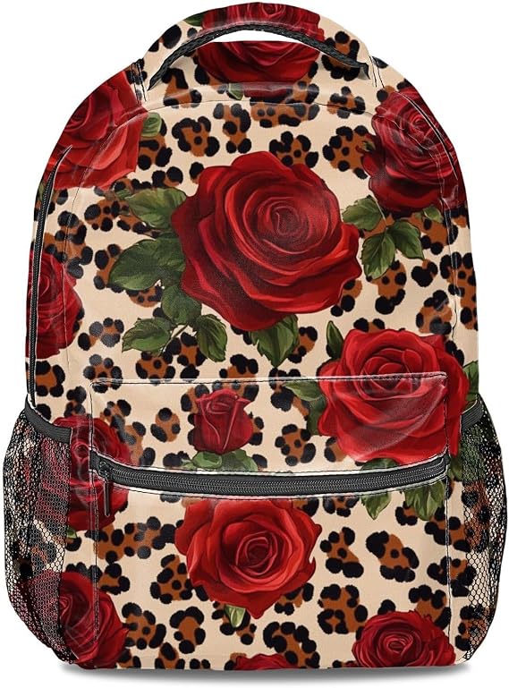 Red Rose Leopard Print Backpack Fashion Daypack, Trendy Laptop Bookbag for Women & Men, College School Bag