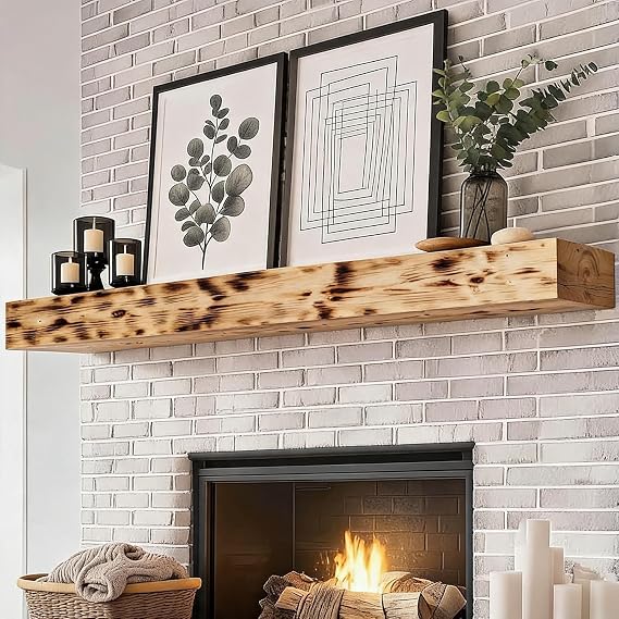 60" Rustic Solid Wood Floating Fireplace Mantel Shelf, Natural