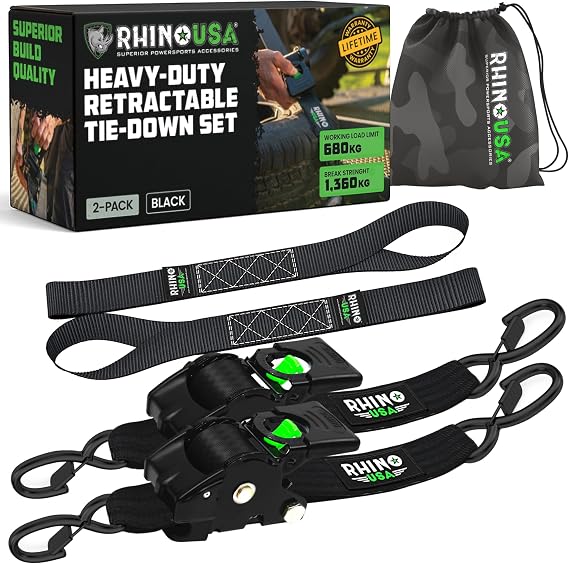 Rhino USA Retractable Ratchet Straps (2-Pack) - 5cm x 3m, Black
