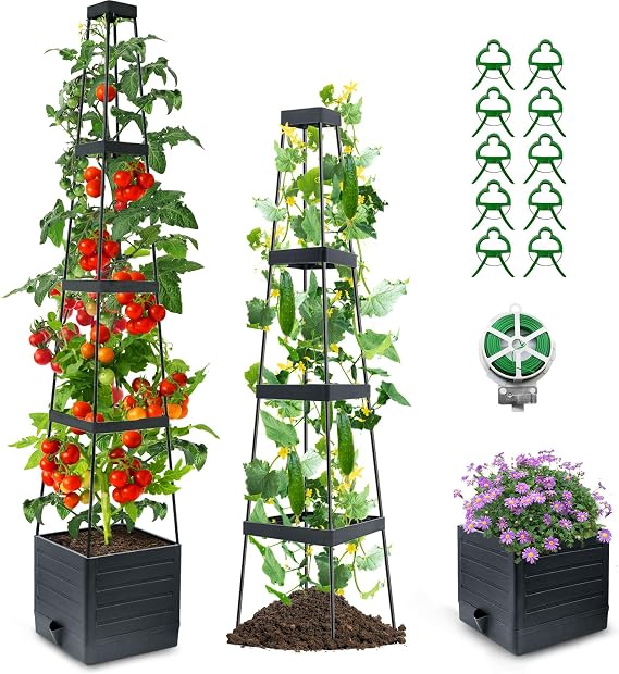Raised Garden Bed & Tomato Planter with Trellis, Self-Watering, Tomato Cages for Climbing Veggies – Suitable for Patios, Greenhouses, Indoor/Outdoor Use (2Pcs)
