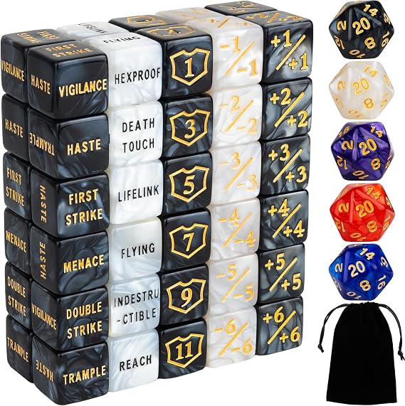 65 Piece MTG Dice Counter Lifekey Word Counter Dice Set + 1 Buffing Capacity Shield Token for MTG, TCG, Card Game Accessories