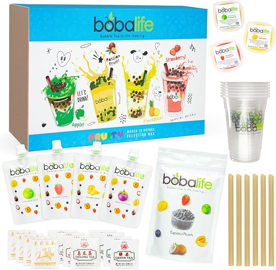 Bobalife Fruity Bubble Tea Kit with Popping Boba & Tapioca Pearls - Make 12 Delicious Fruit Tea Drinks At Home - Green Apple, Strawberry, Passion Fruit Flavors - Fun DIY Boba Tea Set